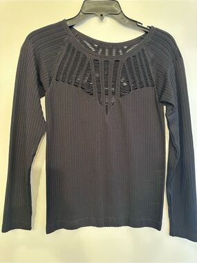Express Black Ribbed Long-Sleeve Top with Openwork Yoke